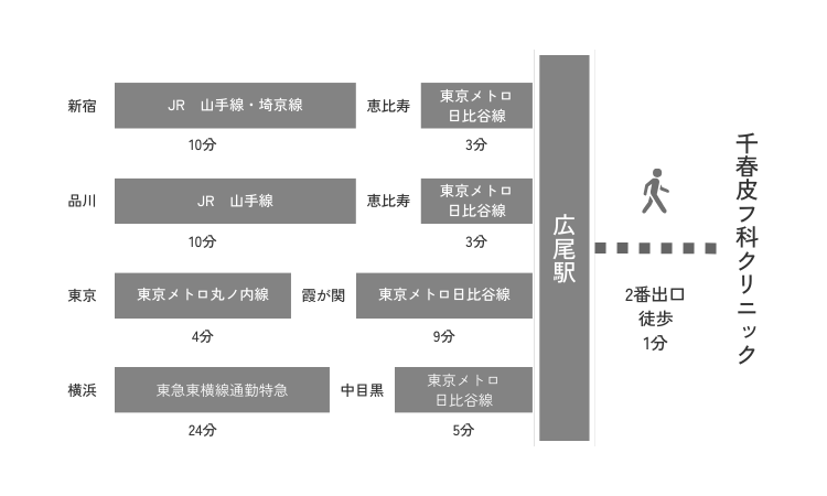 山手線で新宿駅から恵比寿で乗り換え、東京メトロ美費や線広尾駅まで所要時間15分、品川から所要時間15分、東京駅から丸ノ内線で霞ヶ関駅乗り換えで所要時間15分です。